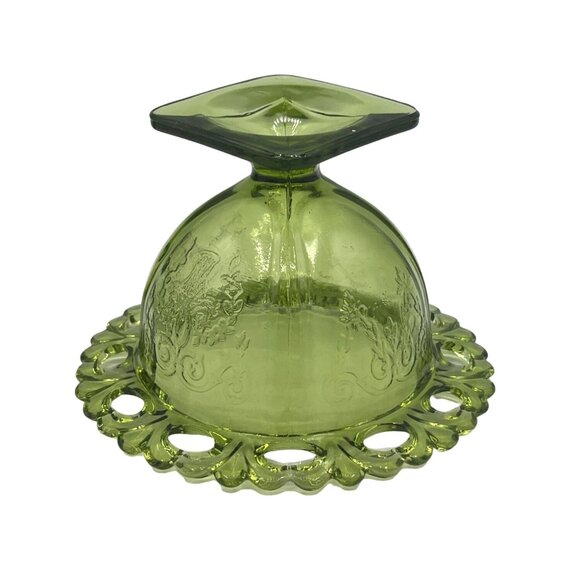 Vintage Green Glass Dessert Bowls Set Of 2 With Decorative Rim  Floral Design - Picture 12 of 15